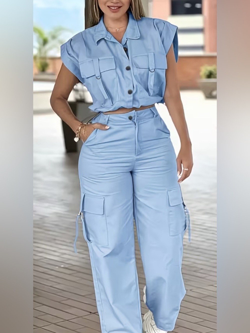 NEW Natalie Set Light Blue Cargo Jumpsuit Pants Set - Women's Two-Piece